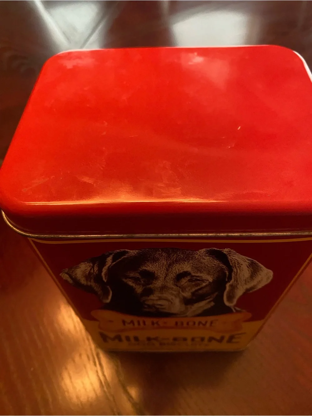 Vintage Red and Yellow Milk-Bone Dog Biscuits Tin Can 9x6x5